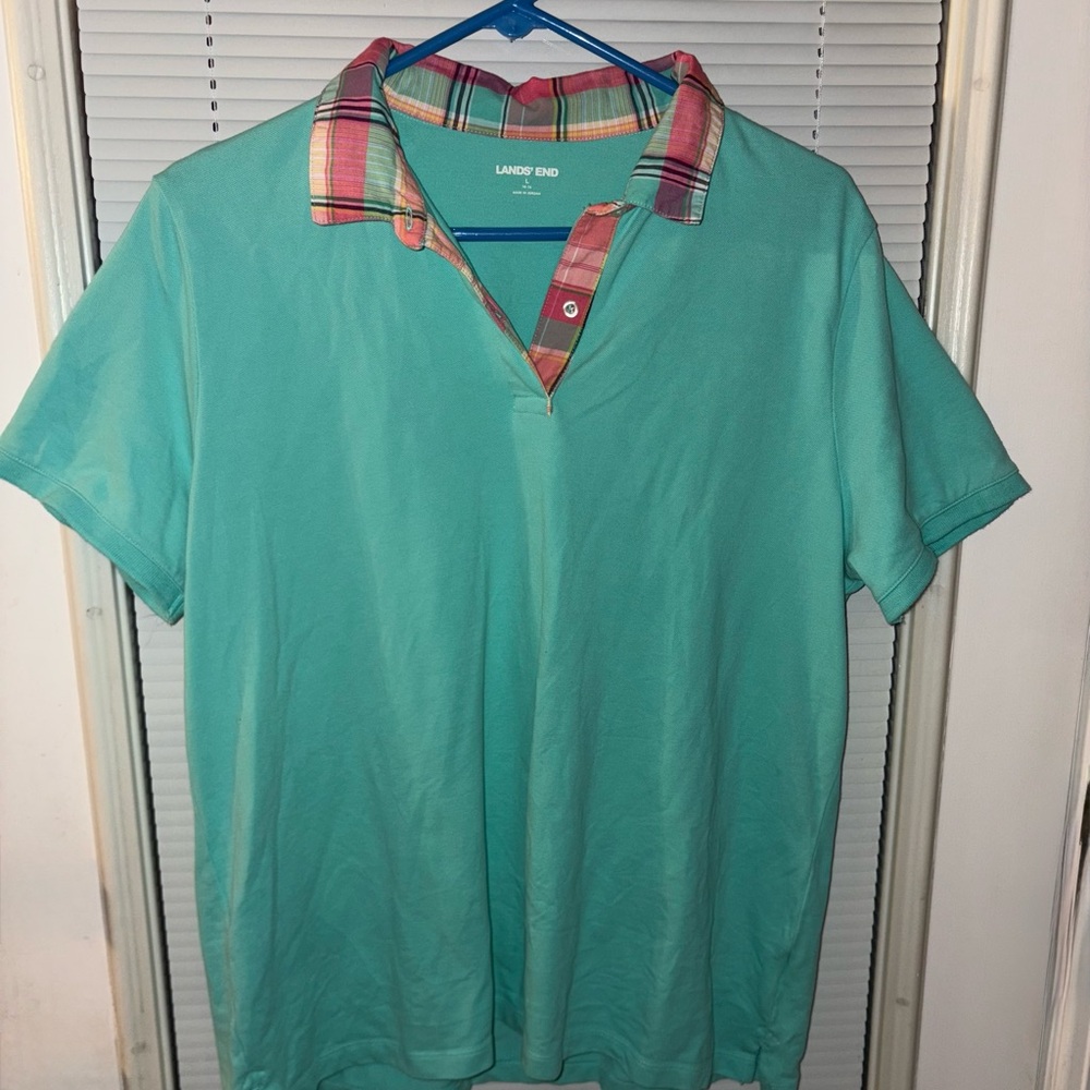 Lands' End Women's Teal Polo with Plaid Collar